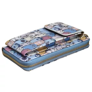 Macska mintás nyakba akasztható pénztárca telefontartóval – világoskék