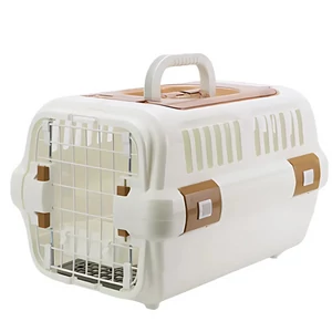 Prémium szögletes kisállathordozó, krém-barna rögzítőkkel és szellőzőráccsal, 46 x 32 x 32 cm