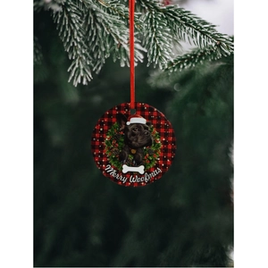 &quot;Merry Woofmas!&quot; kerámia fekete francia bulldog karácsonyfadísz, díszdobozban