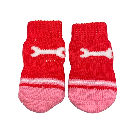 Csontocskás piros kutyazokni, csúszásgátló talppal, M-es