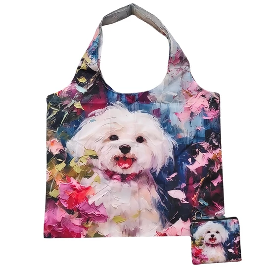Máltai selyemkutya mintás összehajtható bevásárlótáska tároló tokban