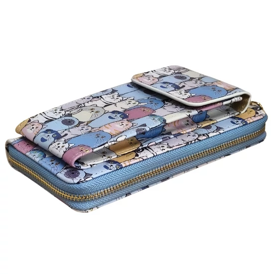 Macska mintás nyakba akasztható pénztárca telefontartóval – világoskék