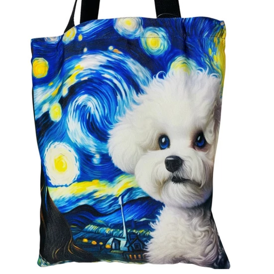 Van Gogh stílusú bichon mintás nagy vászontáska