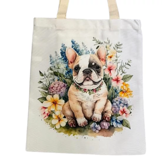 Francia bulldog virágok között mintás vászontáska