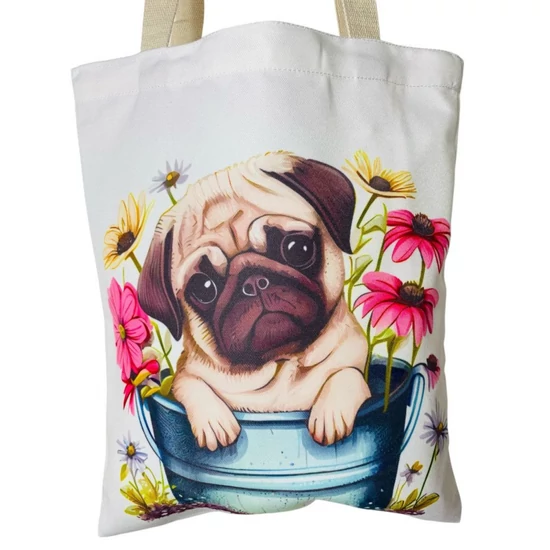 Mopsz virágos cserépben mintás vászontáska