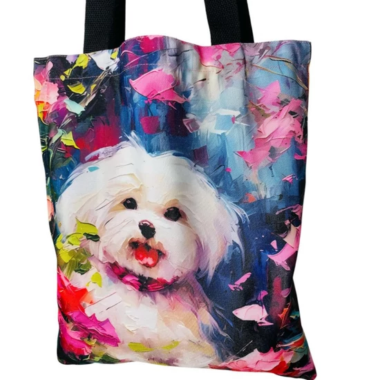 Máltai selyemkutya mintás nagy vászontáska