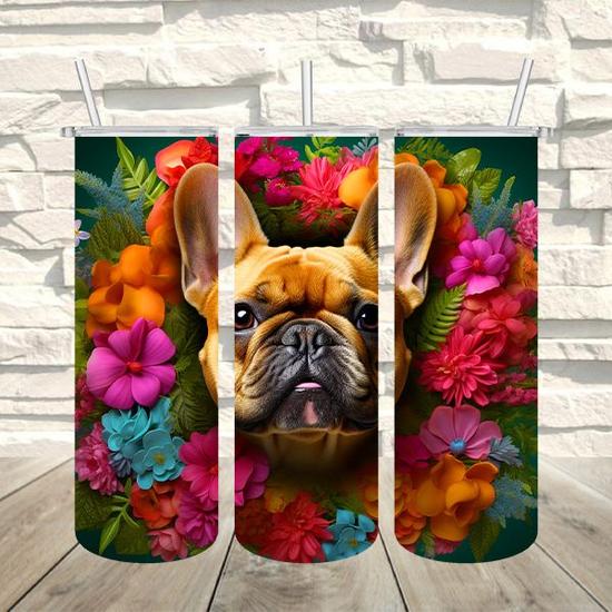 Francia bulldog kutyás termosz, virág mintával 600 ml