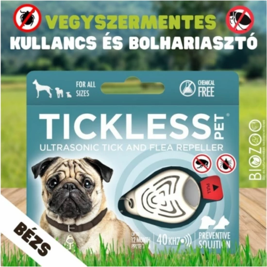 Vegyszermentes ultrahangos kullancs- és bolhariasztó medál kutyáknak és macskáknak, TICKLESS - bézs