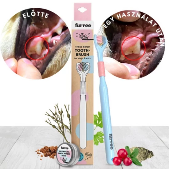 Fürree három oldalú fogkefe kutyáknak és macskáknak, ajándék fogmosó porral