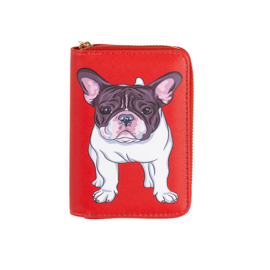 Francia bulldog mintás pénztárca, piros, közepes méret