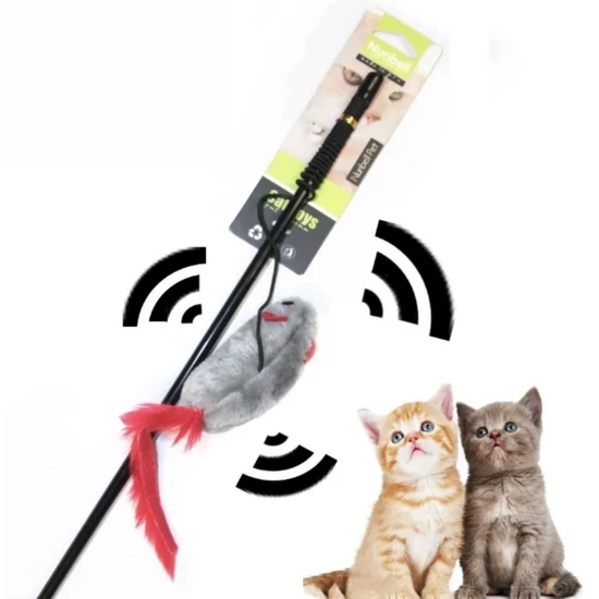 Macska Játékpálca – Interaktív Egérhanggal és Tollas Kiegészítőkkel