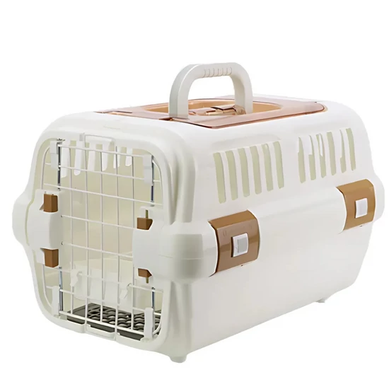 Prémium szögletes kisállathordozó, krém-barna rögzítőkkel és szellőzőráccsal, 46 x 32 x 32 cm