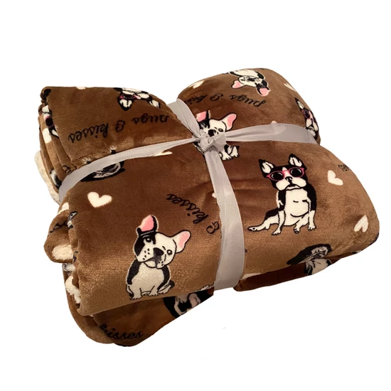 Bulldog mintás PRÉMIUM mikroplüss bárány pléd, 200 x 230 cm, barna