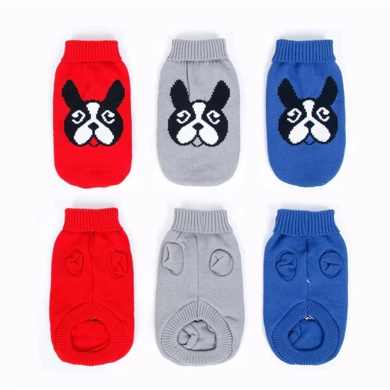 Francia bulldog fej mintás kötött kutyapulcsi, piros, M-es