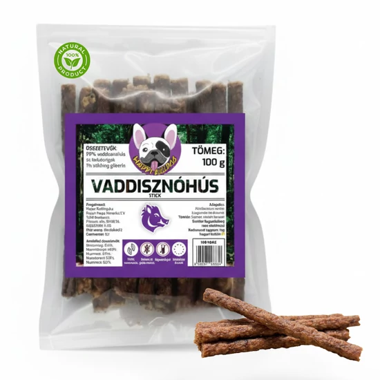 100% Természetes Vaddisznóhús stick 100 g, HAPPY BULLDOG