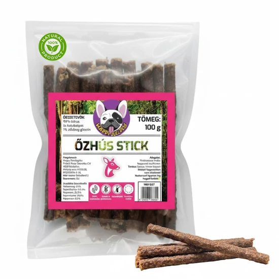 100% Természetes Őzhús stick 100 g, HAPPY BULLDOG