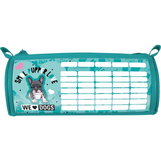 Francia bulldog mintás hengeres tolltartó, órarenddel