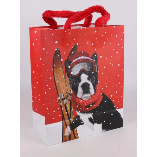 Fényes, bulldog mintás papírtasak, plüss fülekkel