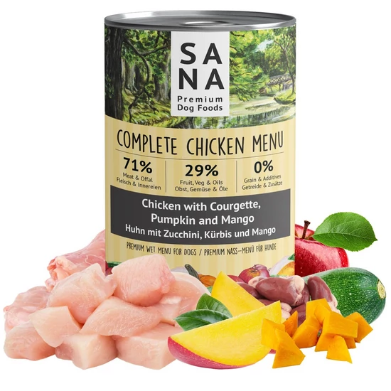 SANADOG Főtt Csirke Menü cukkínivel, sütőtökkel és mangóval, 400g