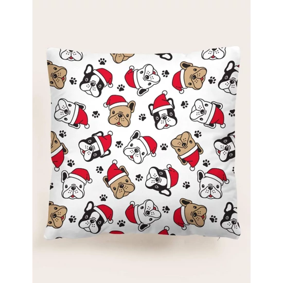 Karácsonyi mintás francia bulldog fejes párna, 45 x 45 cm