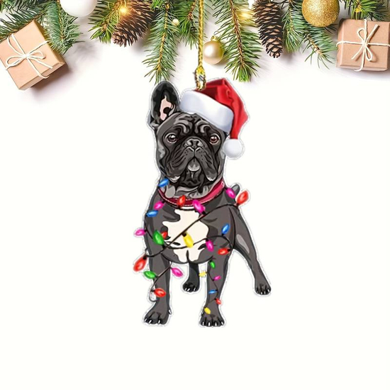 Humoros karácsonyi dísz, francia bulldog izzóba tekeredve