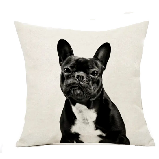 PRÉMIUM fekete-fehér francia bulldog mintás vászon párna, 45 x 45 cm
