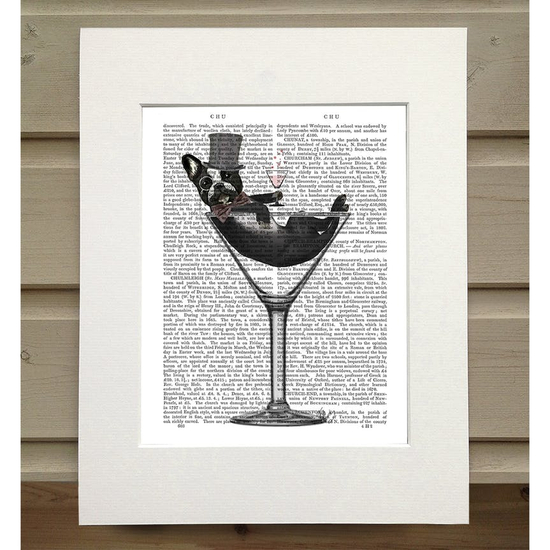 Francia bulldog martinis pohárban - könyvnyomtatás, art print