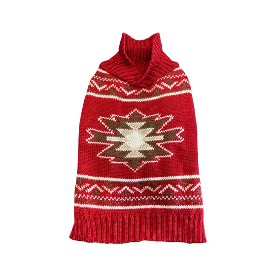 Norvég mintás kötött kutyapulcsi, piros, S-es